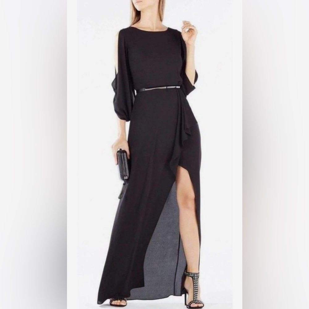 BCBGMAXAZRIA Rayah Sequin Embroidered Draped Gown Black Size 8 NWOT